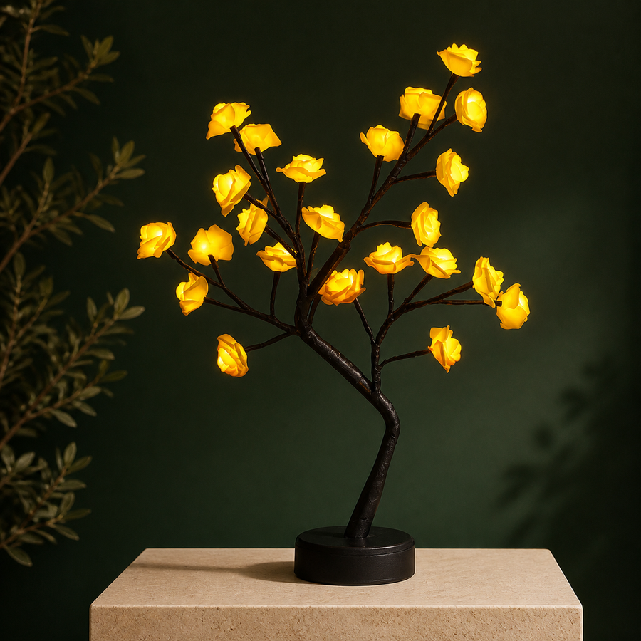 Arbre lumineux à roses LED jaunes sur fond vert forêt