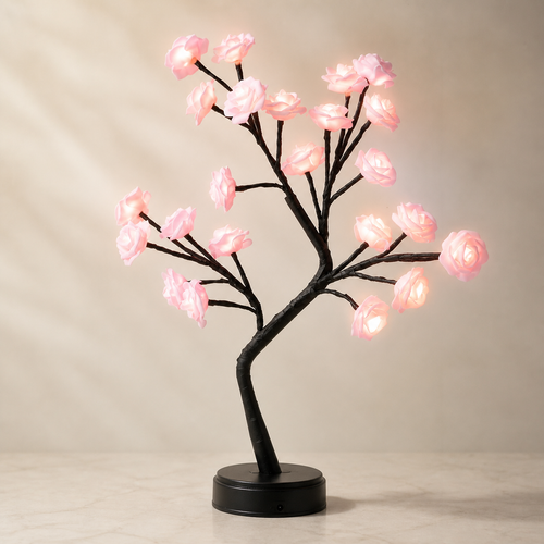 Arbre lumineux à roses LED roses sur fond ivoire