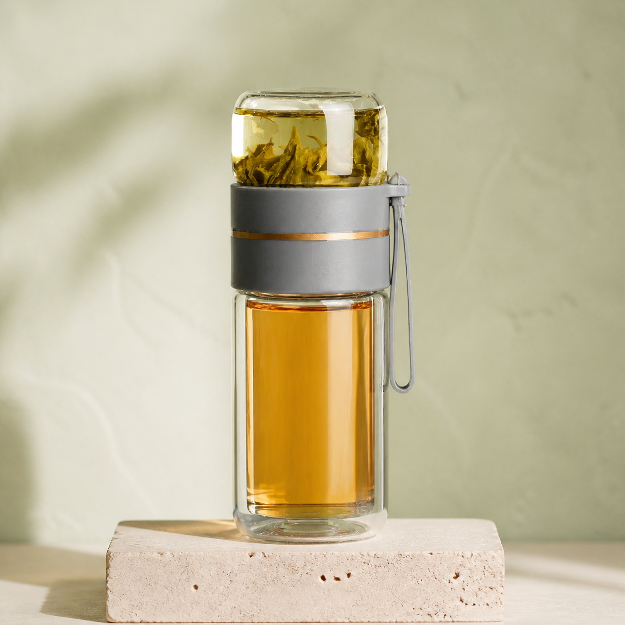 Bouteille à thé double paroi avec infuseur – Gris