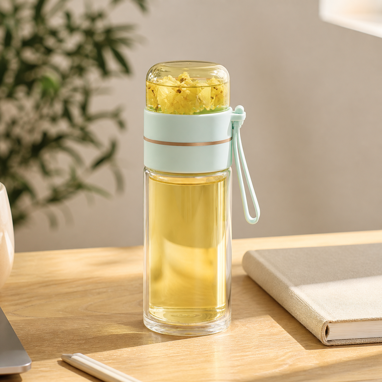 Bouteille à thé vert menthe sur un bureau lumineux