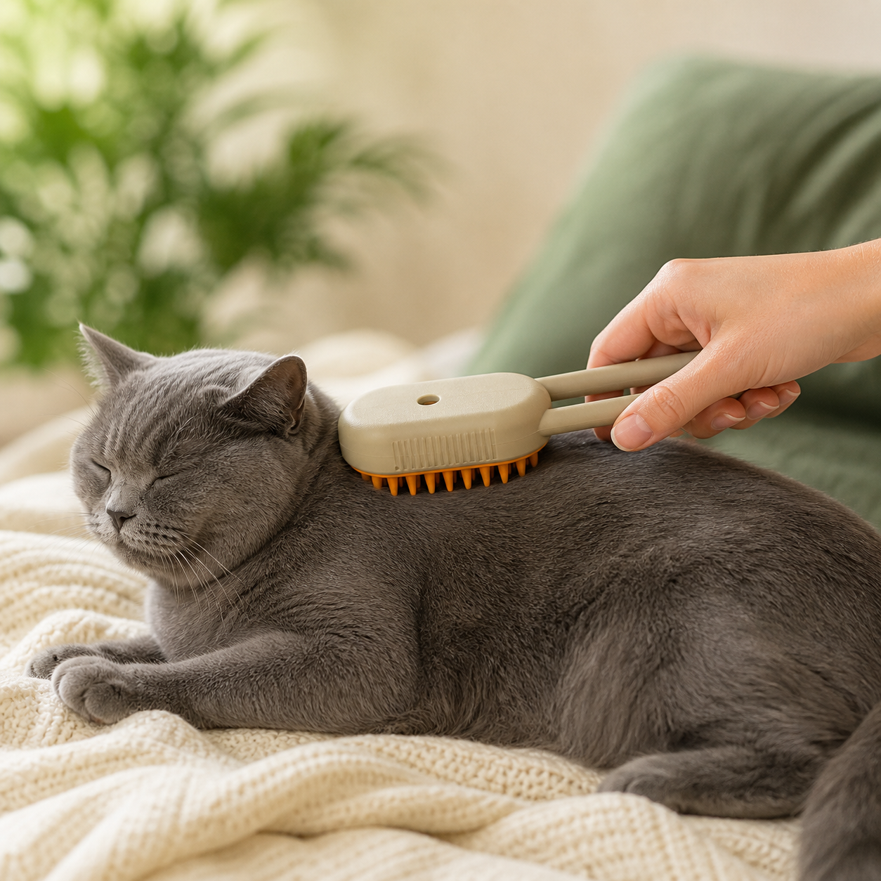 Brosse brumisatrice tenue par sa poignée et posée à plat sur le pelage du chat