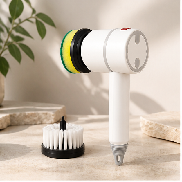 Brosse de nettoyage électrique blanche avec deux têtes, mise en scène Olvyra