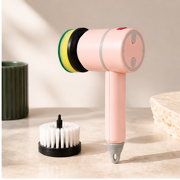 Brosse de nettoyage électrique rose avec deux têtes, mise en scène Olvyra