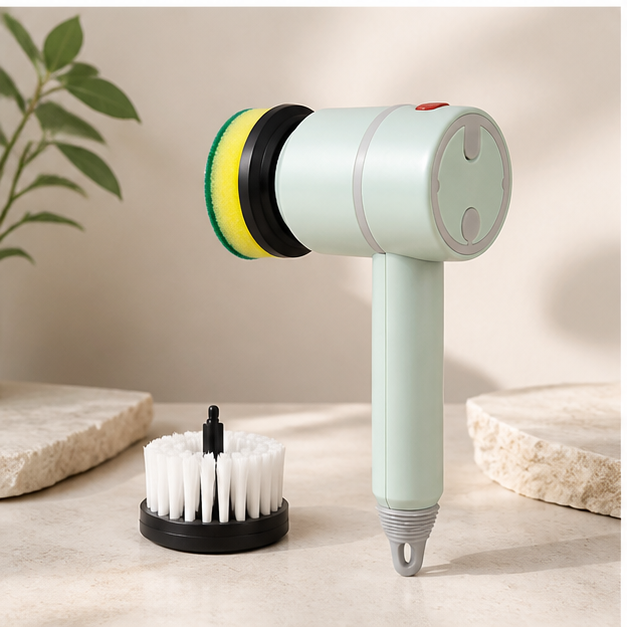 Brosse de nettoyage électrique verte avec deux têtes, mise en scène Olvyra