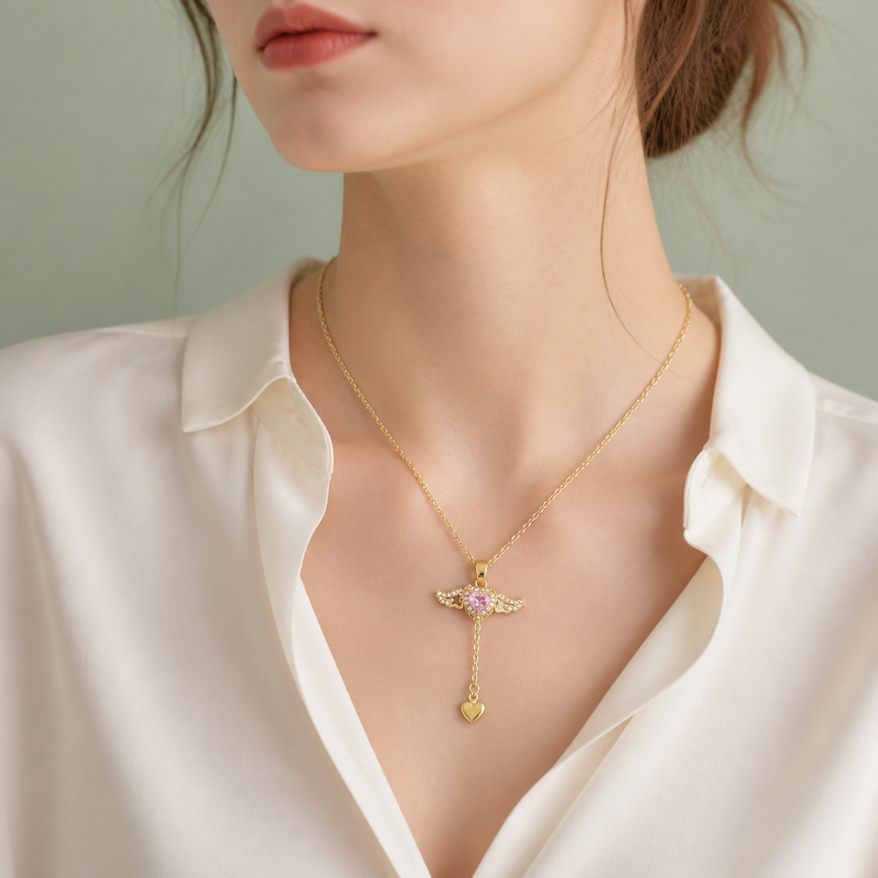 Collier Cœur Ailé doré porté