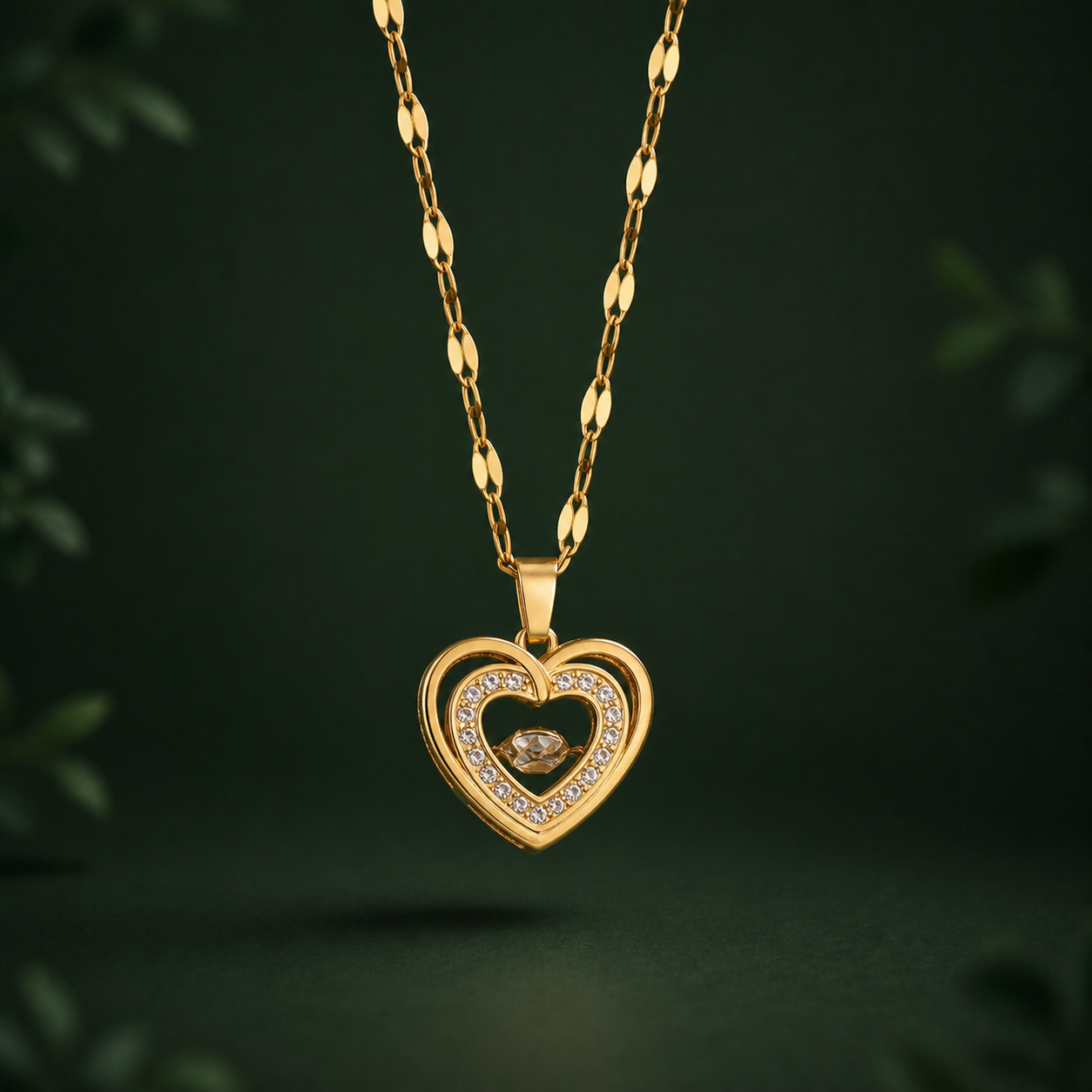 Collier Double Cœur Éclat doré sur fond vert forêt