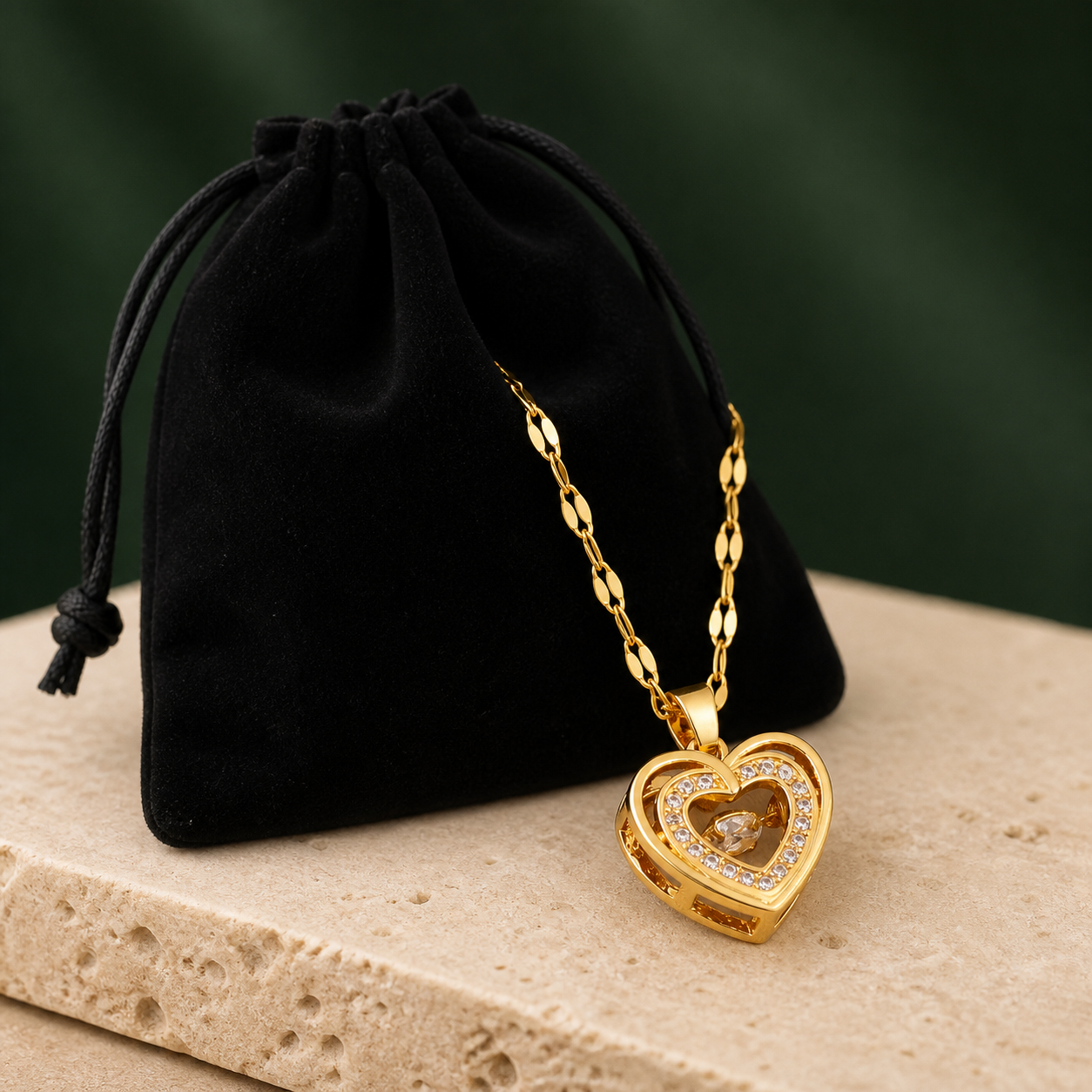 Collier Double Cœur avec pochette noire en velours