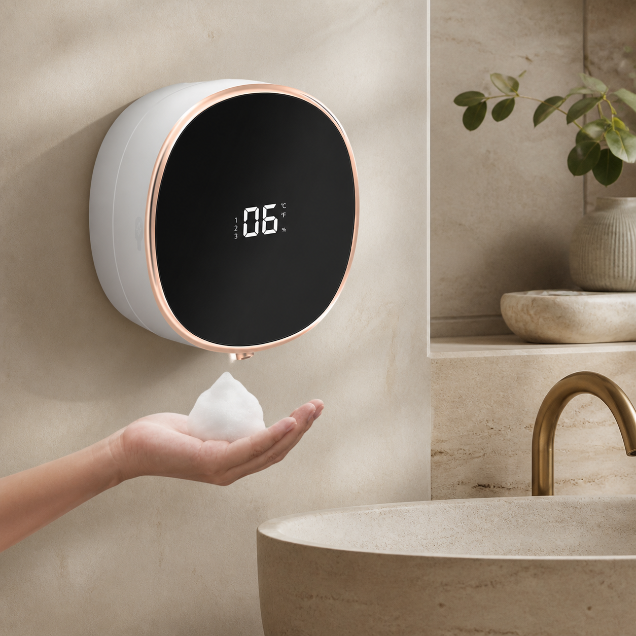Distributeur de savon mousse blanc dans une salle de bain