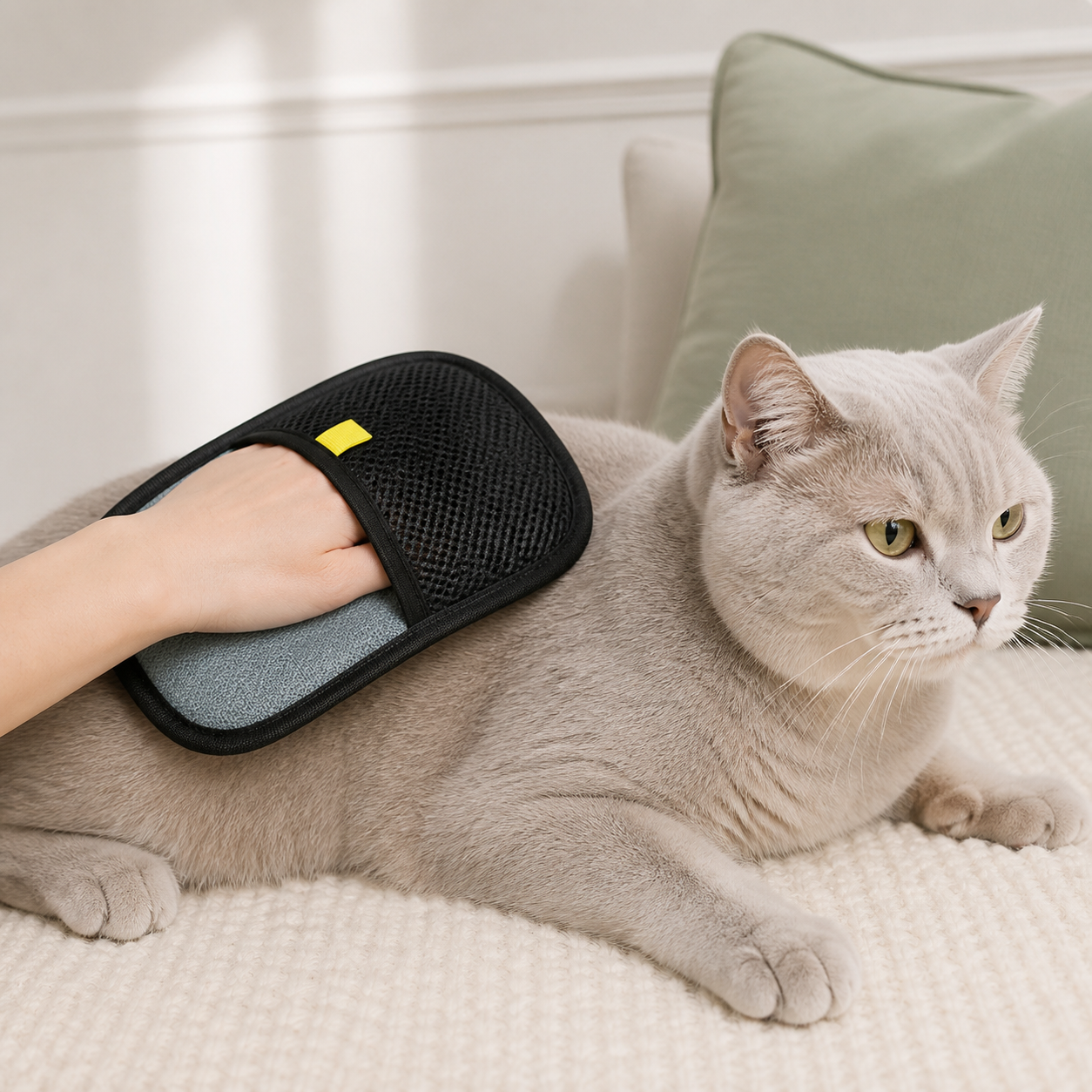 Gant ramasse-poils utilisé doucement sur un chat