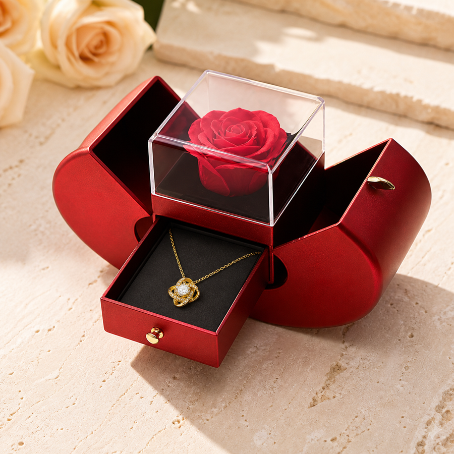 coffret rose éternelle et collier cœur Olvyra – Doré - Carte Love / Anglais