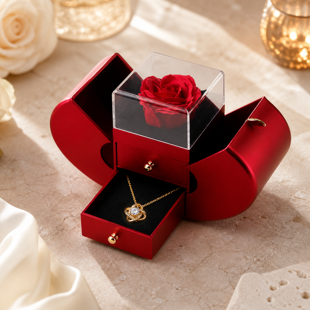 Coffret rose éternelle et collier cœur