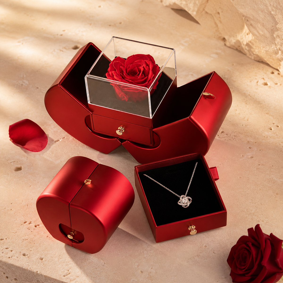 Coffret rose éternelle et collier cœur