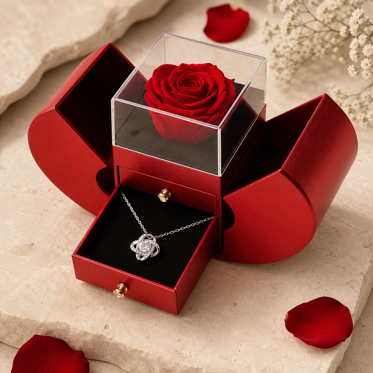 Coffret rose éternelle et collier cœur