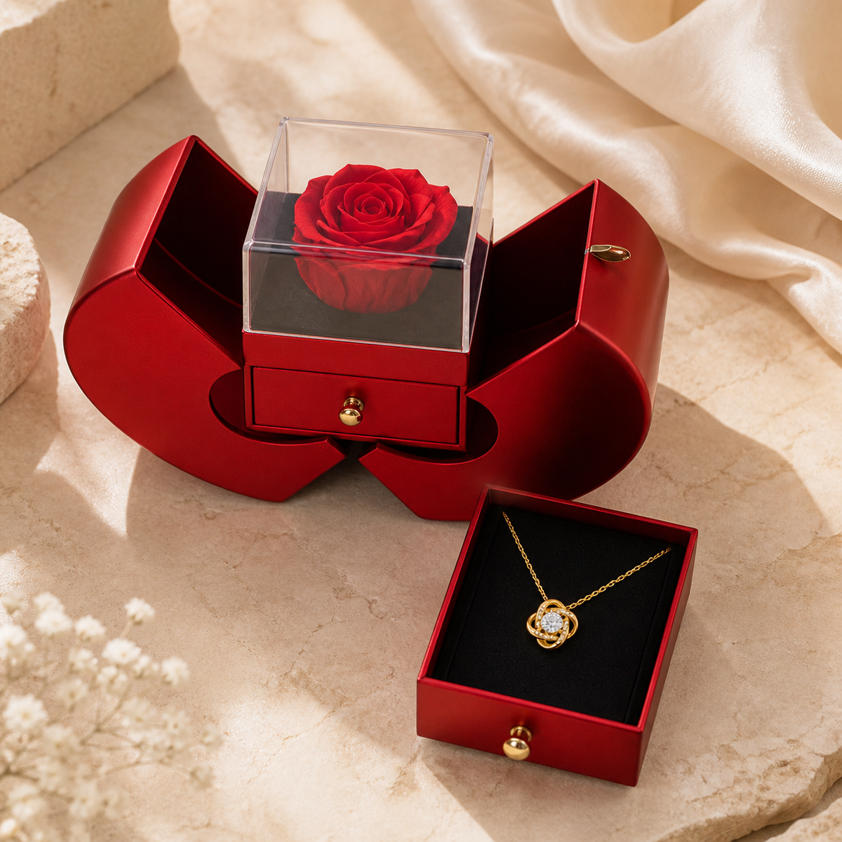 Coffret rose éternelle et collier cœur