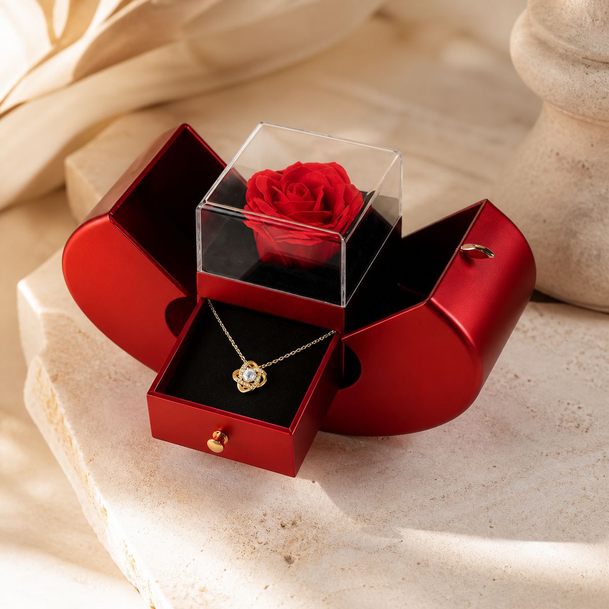 Coffret rose éternelle et collier cœur