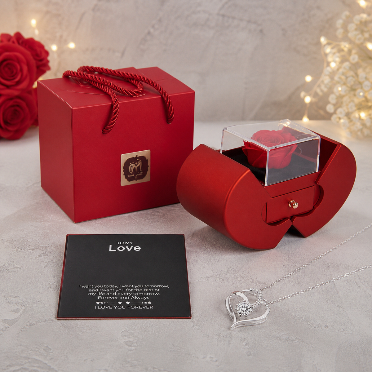 Coffret rose éternelle et collier cœur