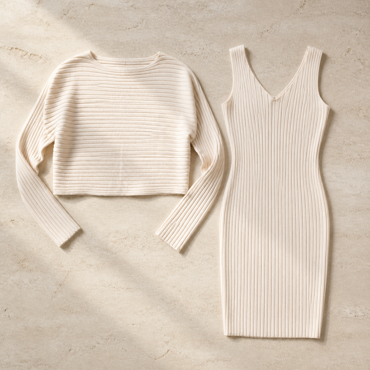ensemble femme en maille côtelée Olvyra – Beige