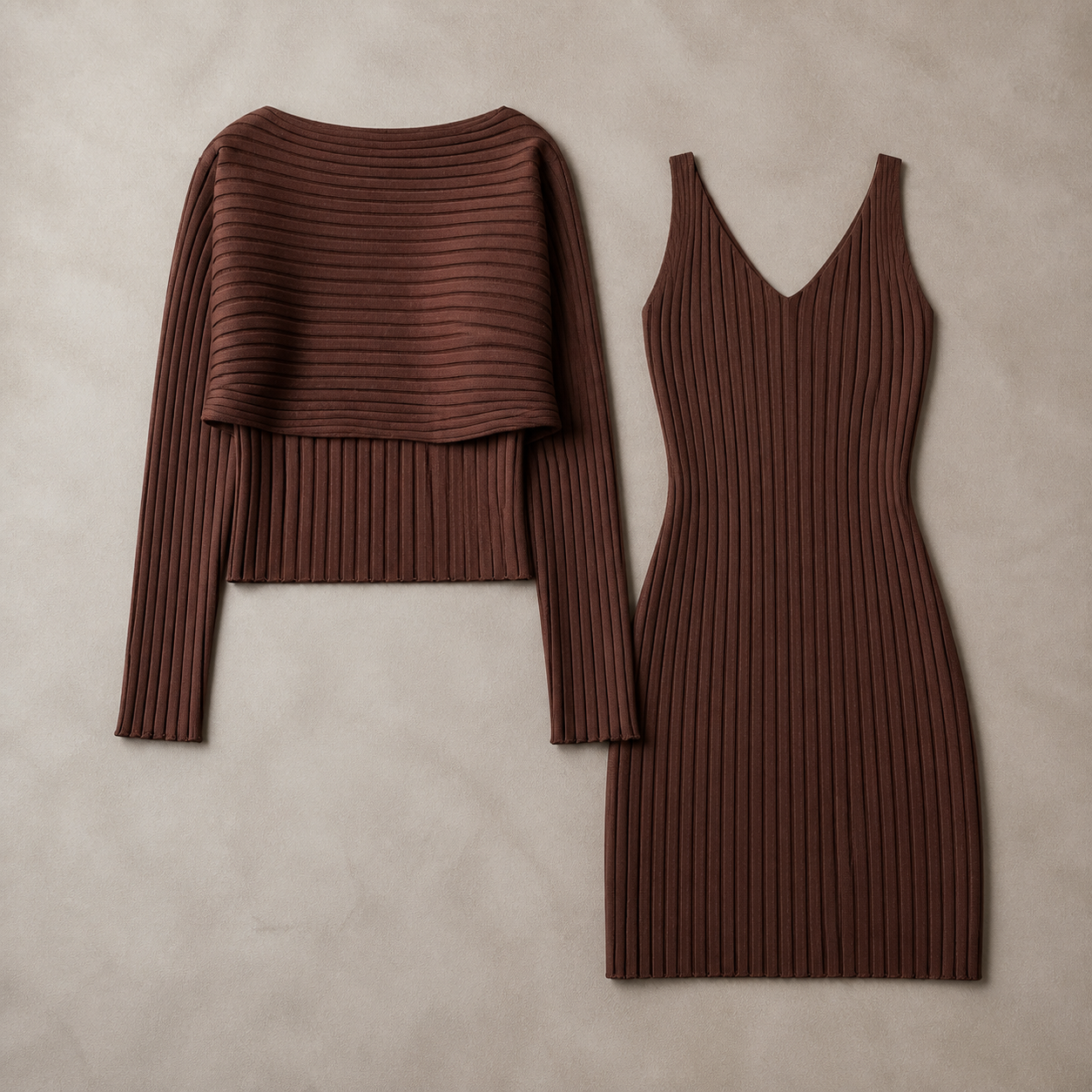 ensemble femme en maille côtelée Olvyra – Marron foncé