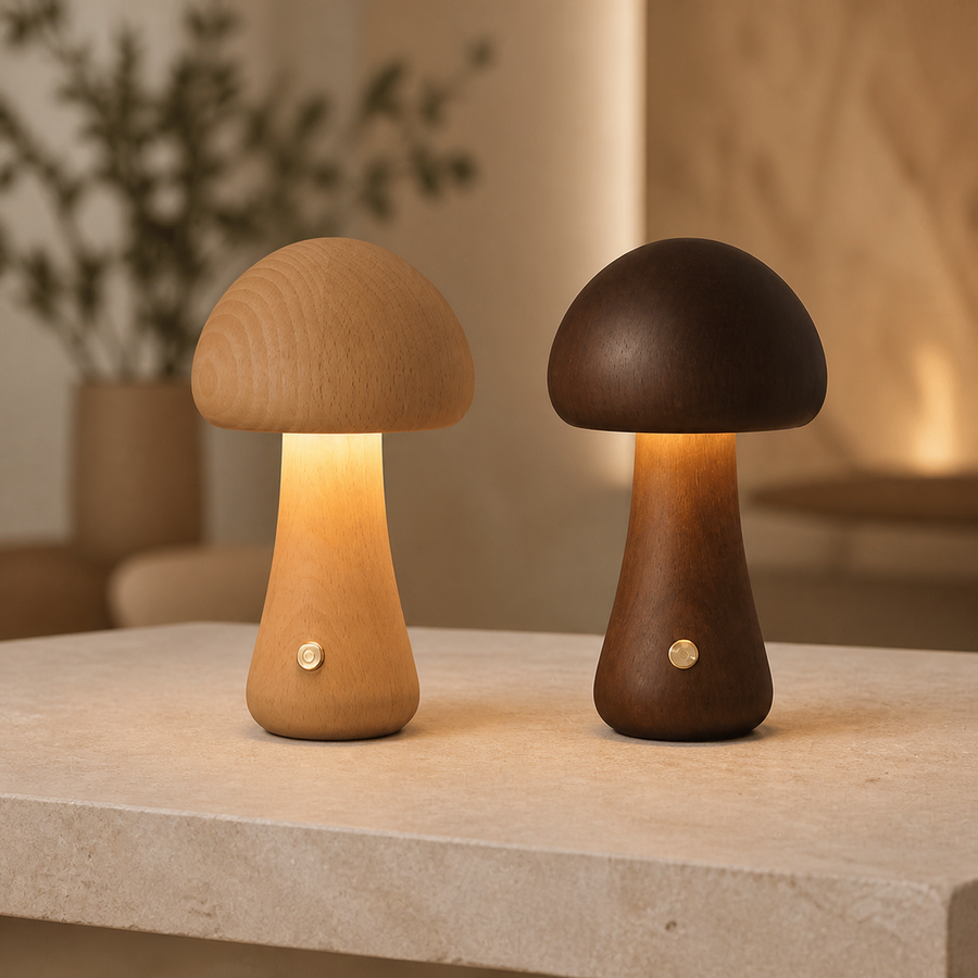 lampe champignon en bois tactile Olvyra – Modèle A – hêtre et noyer