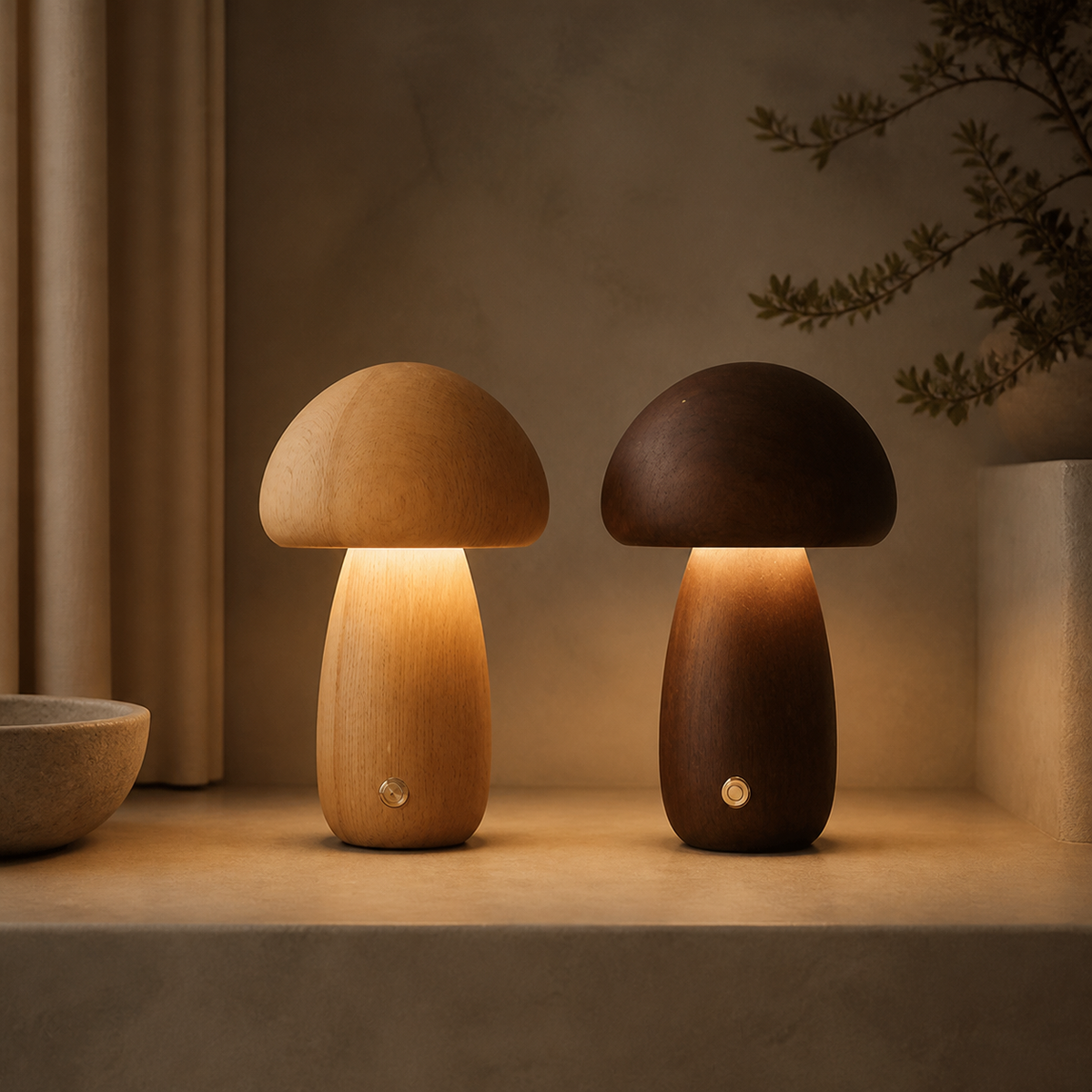 Touch-control wooden mushroom lamp