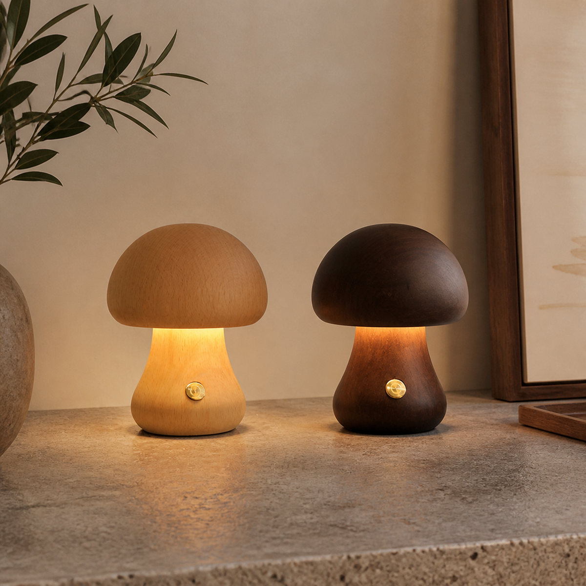 Touch-control wooden mushroom lamp