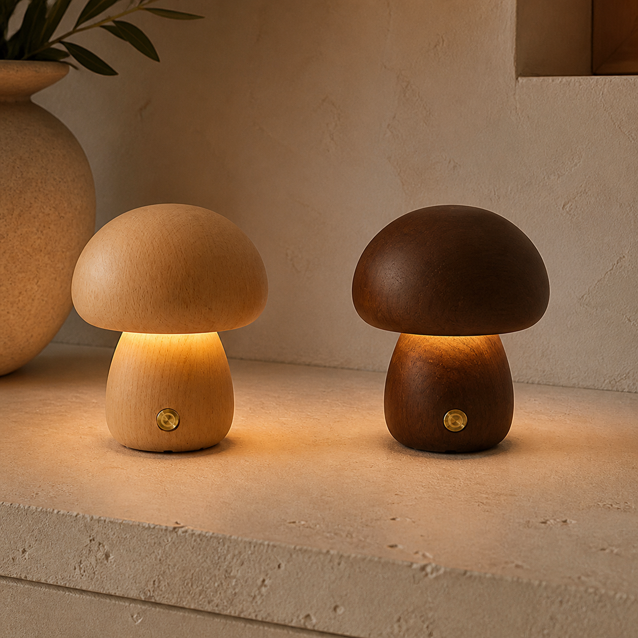 Touch-control wooden mushroom lamp