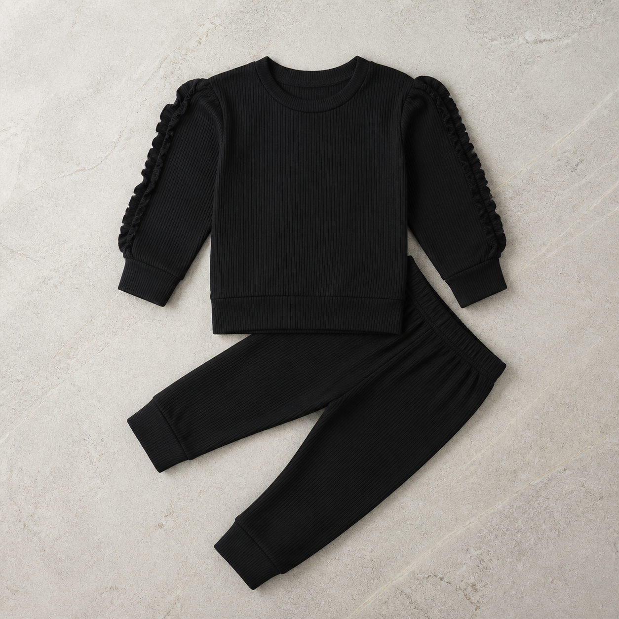 ensemble bébé côtelé 2 pièces à volants Olvyra – Noir