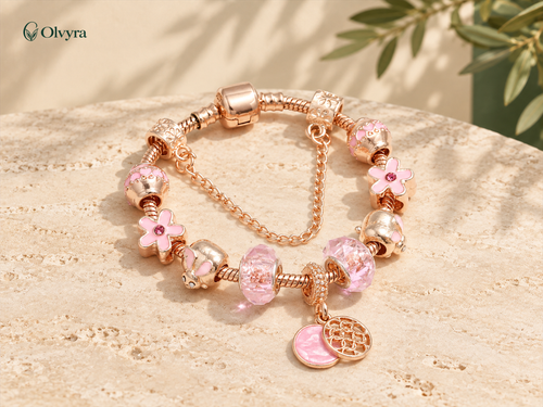 Bracelet à breloques or rose — 4 motifs Olvyra — Arbre et fleurs.