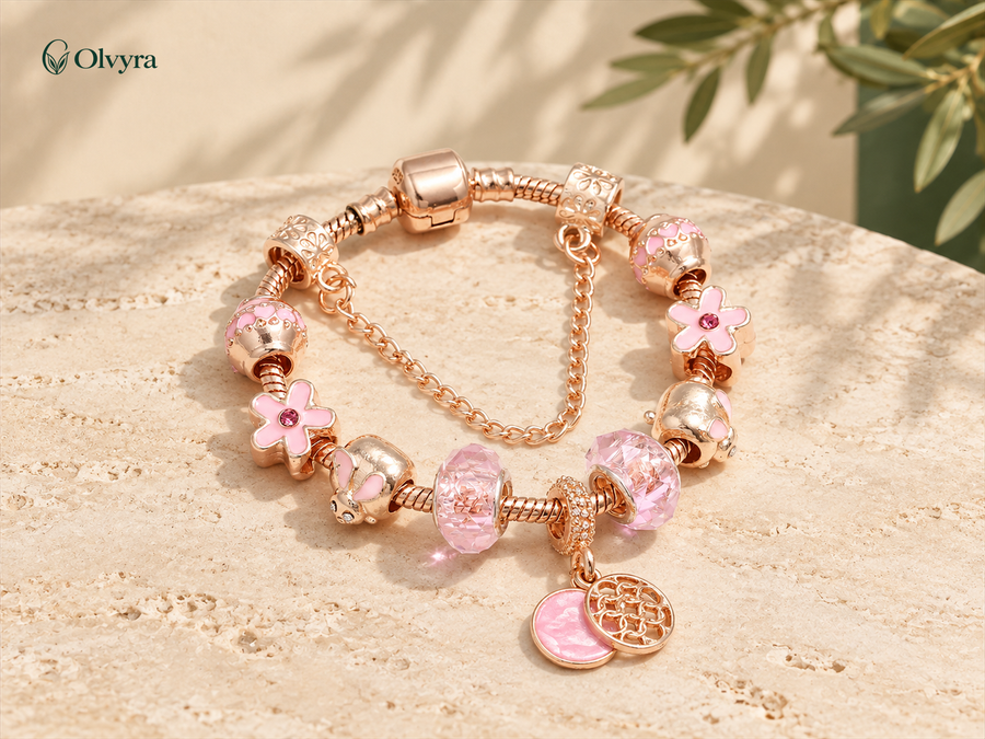 Bracelet à breloques or rose — 4 motifs Olvyra — Arbre et fleurs.