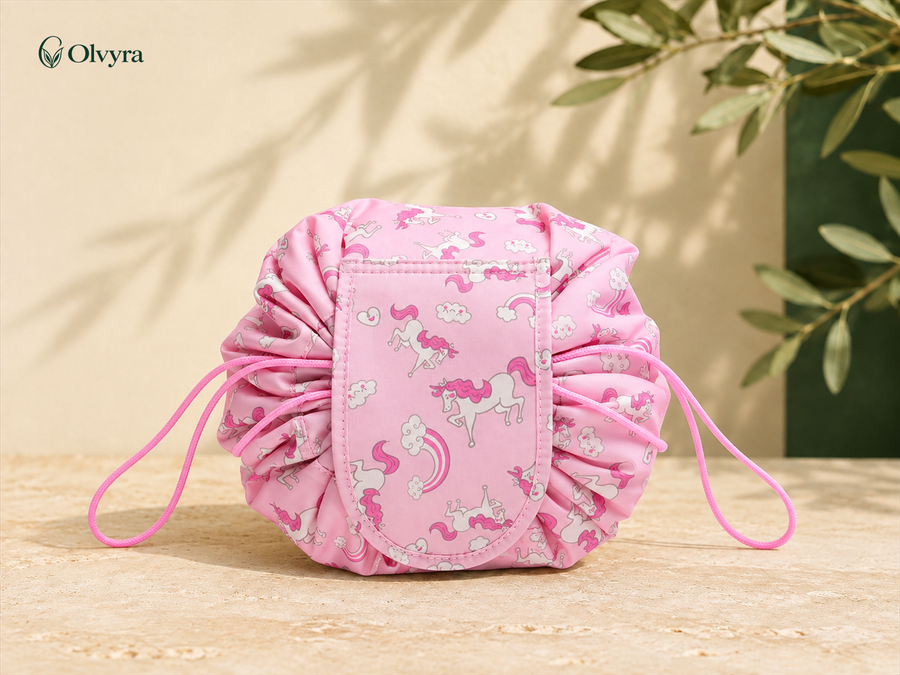 Trousse de maquillage déployable à cordon — 33 modèles Olvyra — Rose — Licornes.
