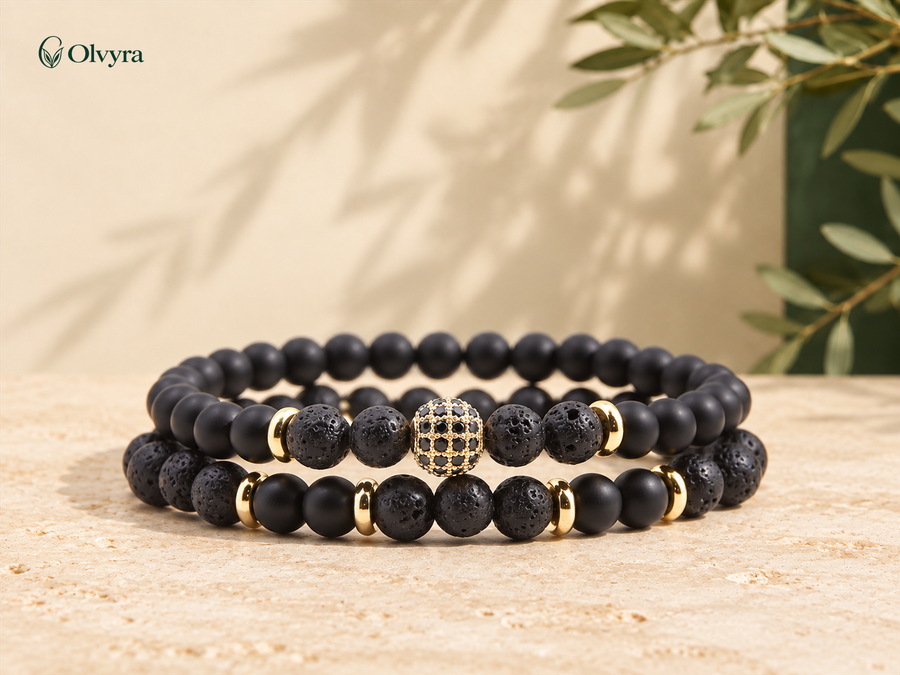 Duo de bracelets en pierres et zircon — 8 modèles Olvyra — Noir mat et pierre de lave.