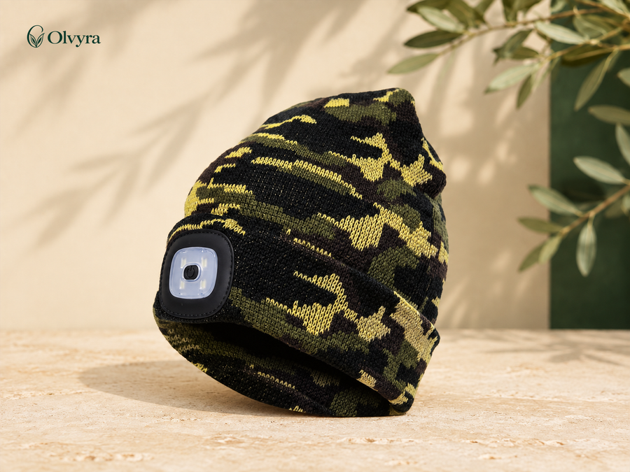 Bonnet en maille à lampe LED rechargeable Olvyra — Camouflage vert-jaune.
