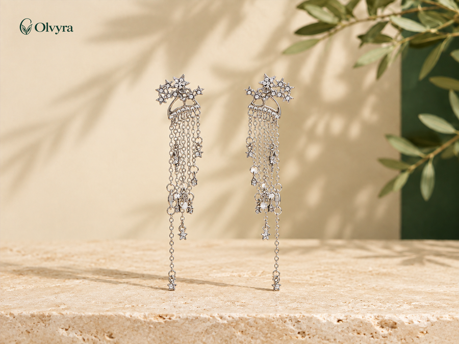 Boucles d’oreilles fantaisie – étoiles, vagues et araignées Olvyra — Pampilles étoiles et lunes – Argenté.