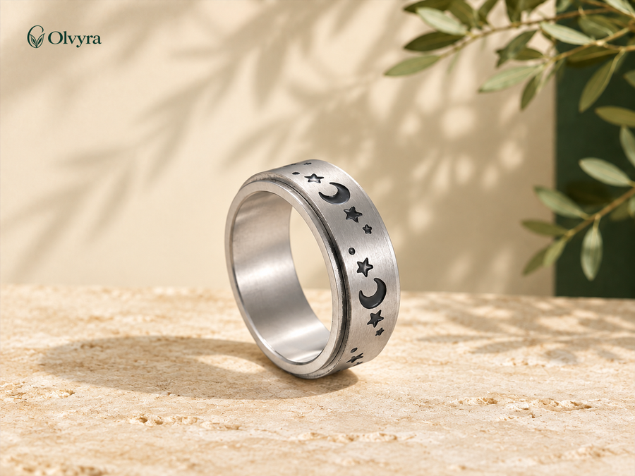 Bague rotative argentée — 8 finitions Olvyra — Lune & étoiles rotative · 8 mm.