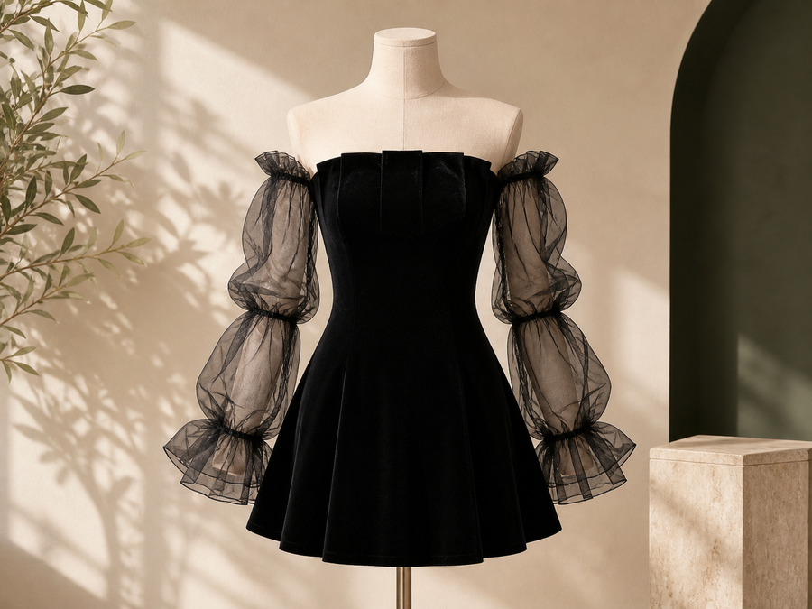 Visuel principal Robe épaules dénudées à manches en tulle — Olvyra.