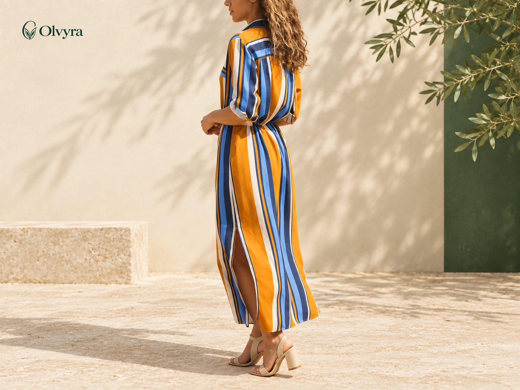 Long striped V-neck shirt dress