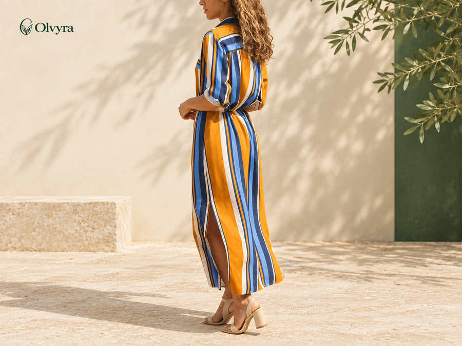 Robe chemise longue rayée à col V Olvyra — Orange à rayures.