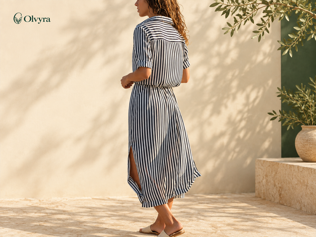 Long striped V-neck shirt dress