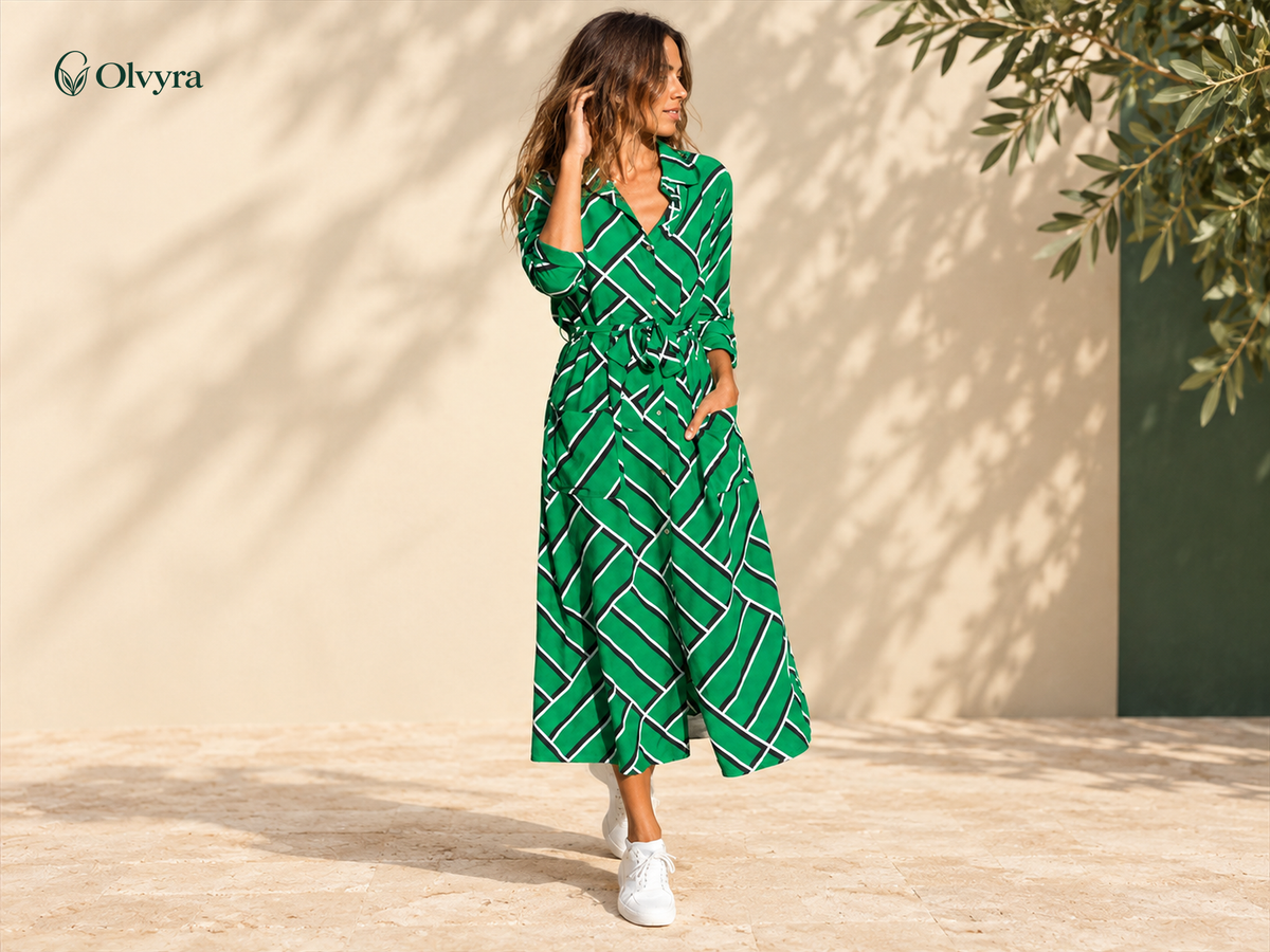 Long striped V-neck shirt dress