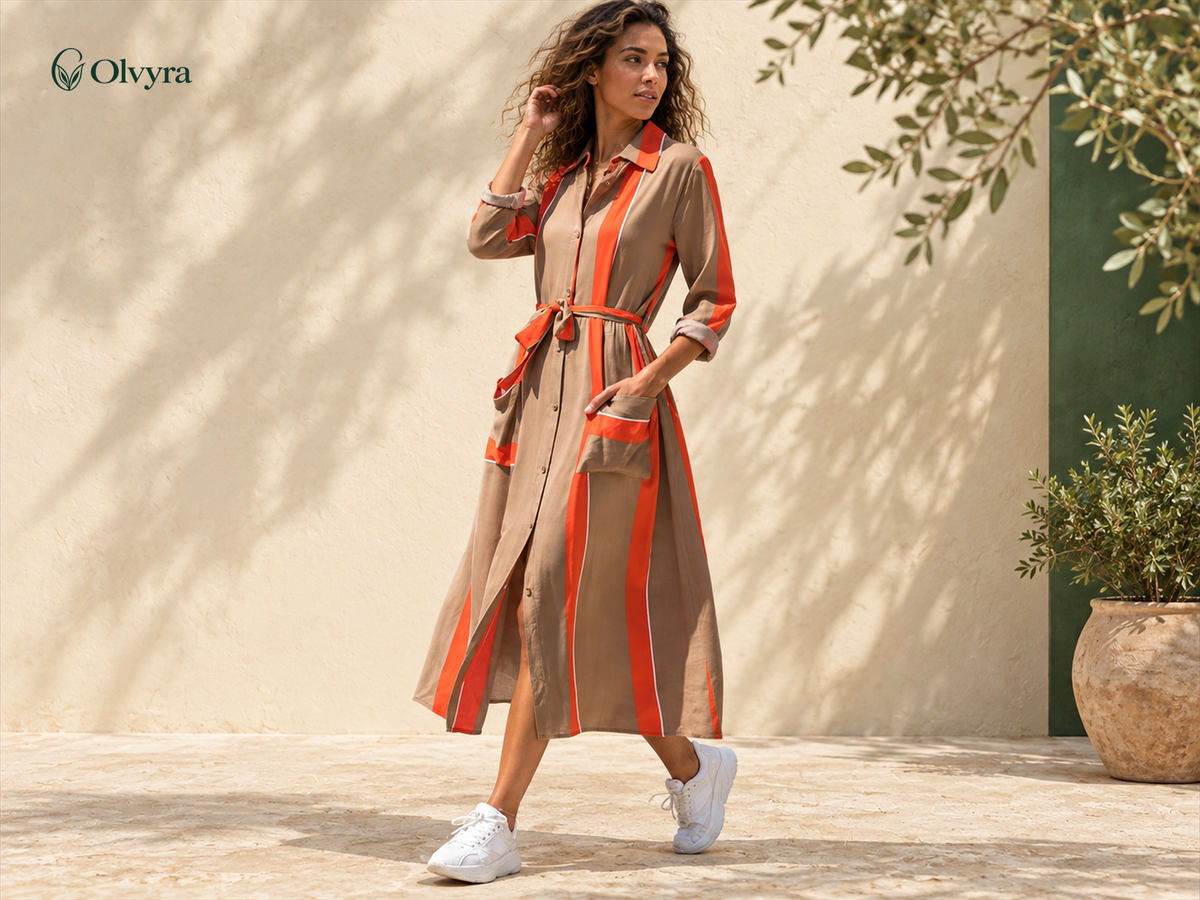 Long striped V-neck shirt dress