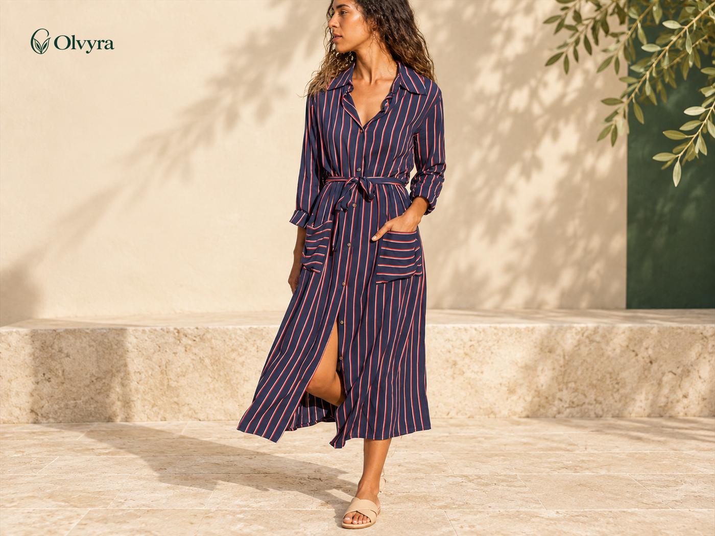 Long striped V-neck shirt dress