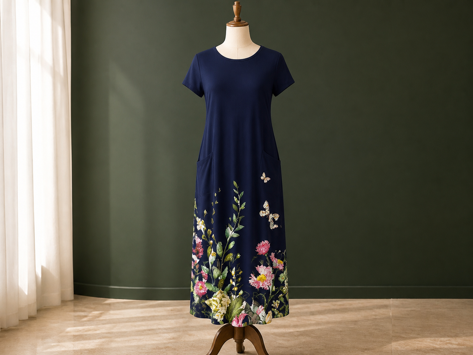 Printed short-sleeve dress with pockets