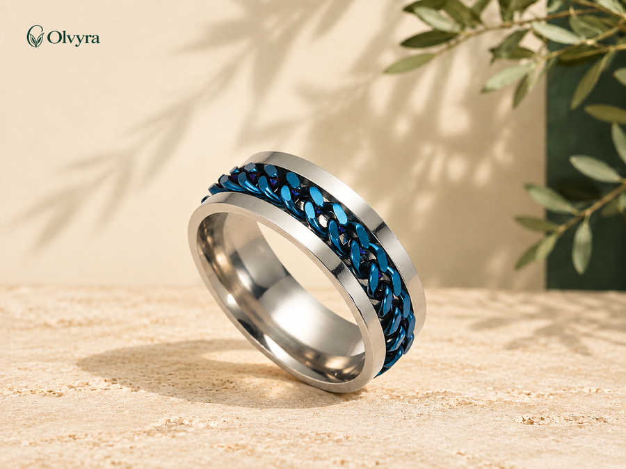 Bague rotative en acier à incrustation bois Olvyra — Argenté, chaîne bleue.