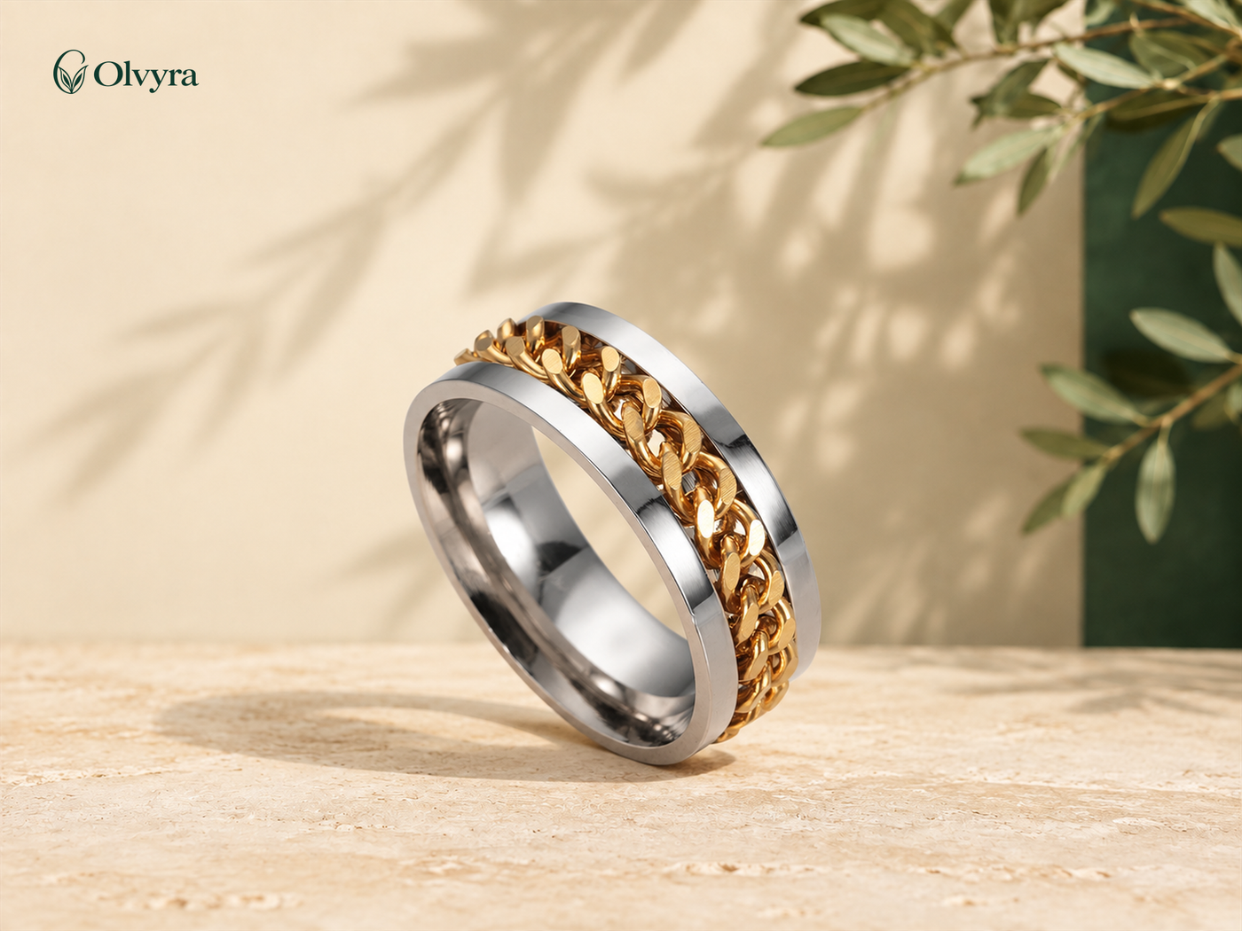 Stainless steel spinner ring with wood-look inlay