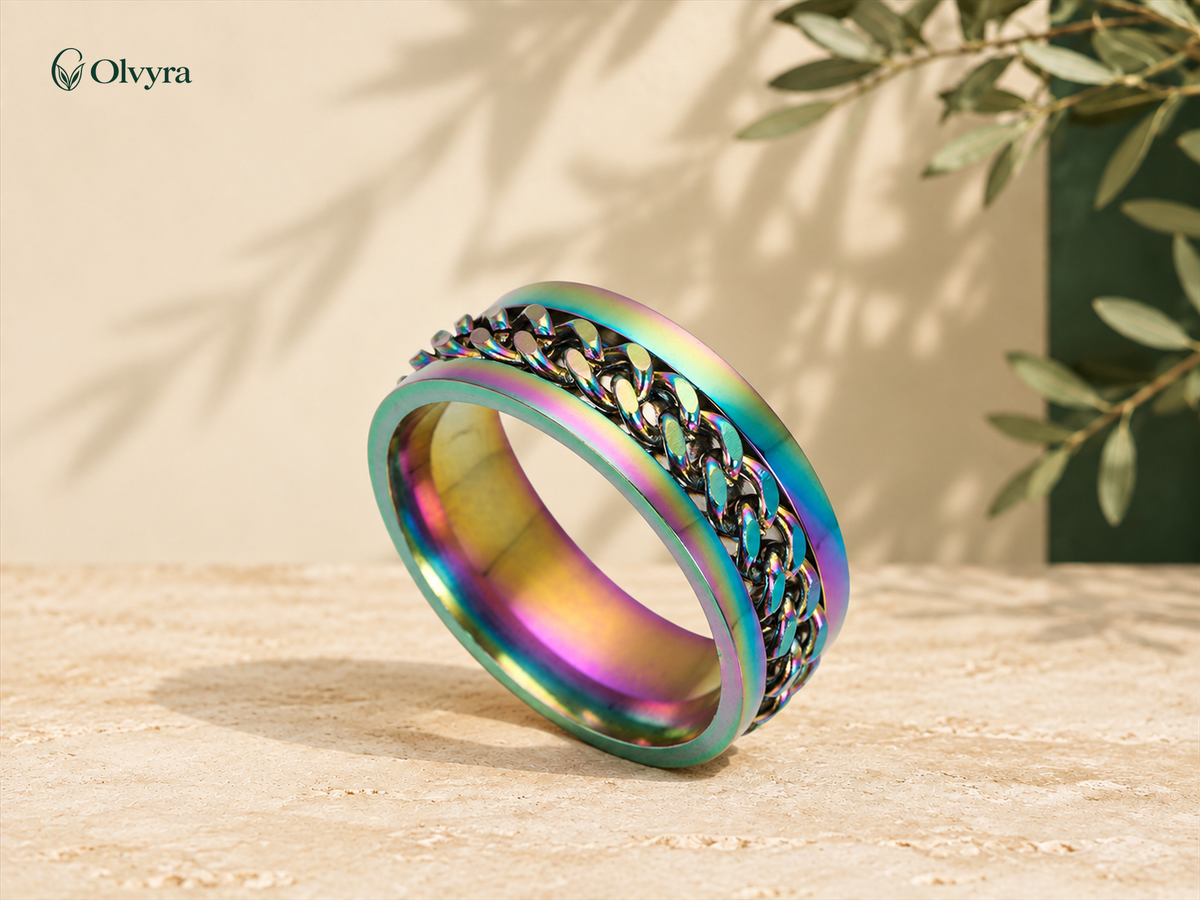 Stainless steel spinner ring with wood-look inlay