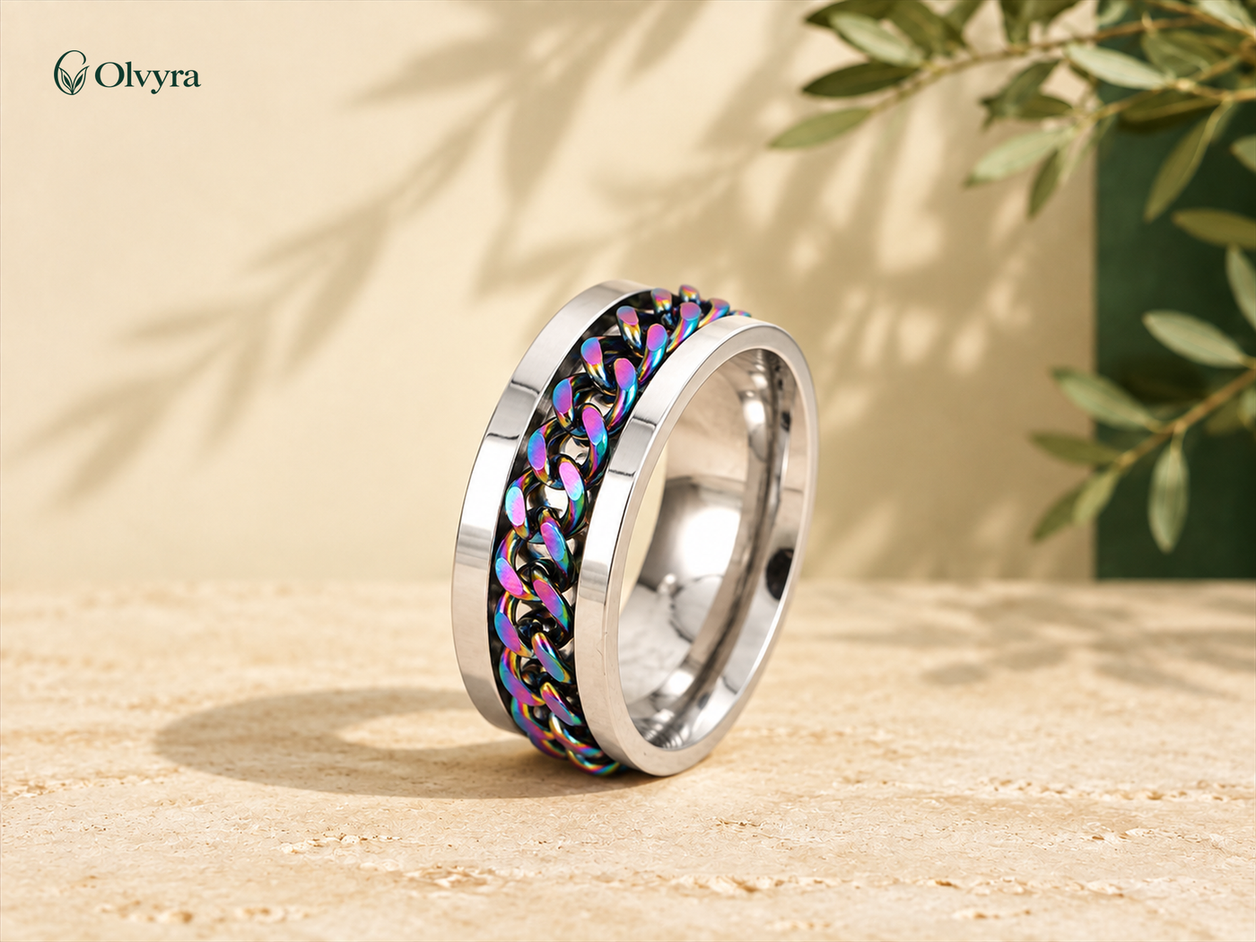 Stainless steel spinner ring with wood-look inlay