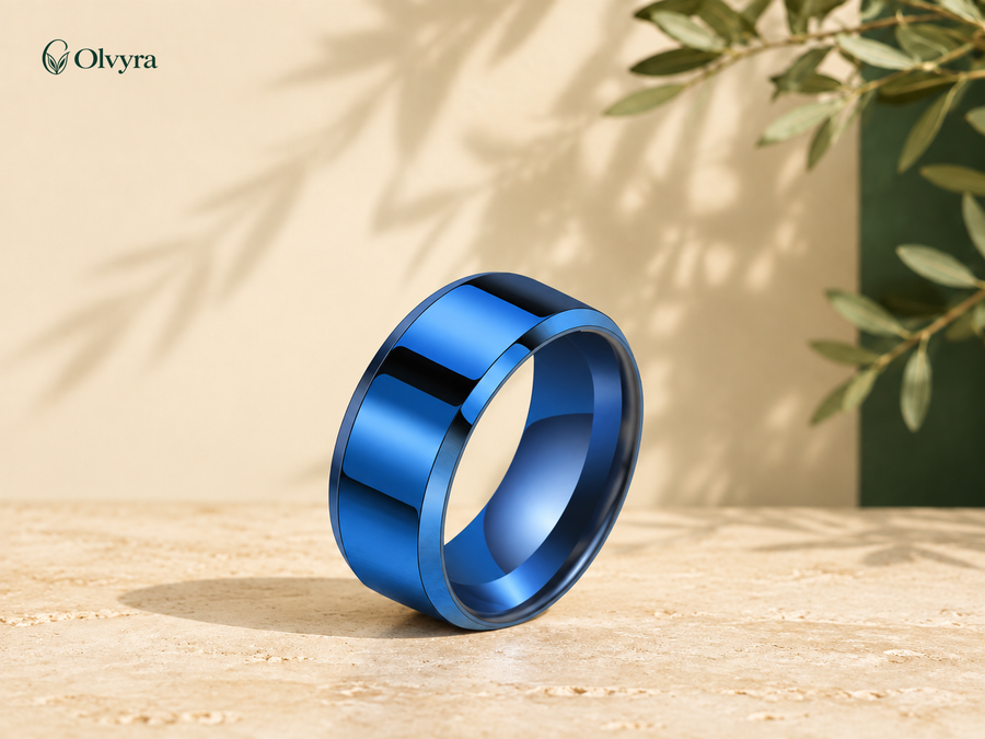 Bague graphique en acier Olvyra — Bleu.
