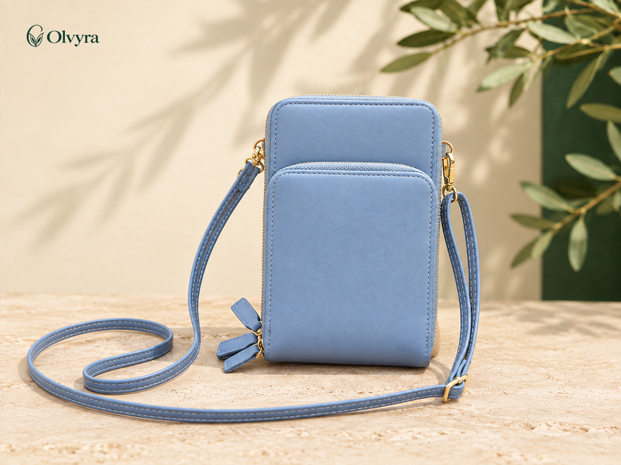 Pochette téléphone et portefeuille bandoulière Olvyra — Bleu ciel — façade pleine.
