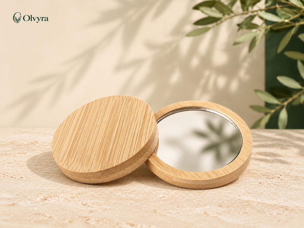 Portable bamboo makeup mirror