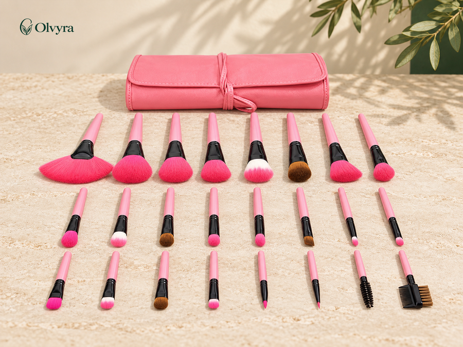 Set de 24 pinceaux de maquillage Olvyra — Manches roses.